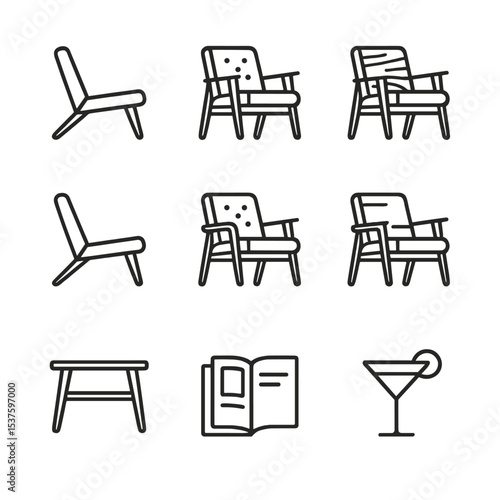 Mid-Century Lounge Icons. Outline icon set of mid-century lounge chair: angled legs, low seat, slanted backrest, wood veneer, arm