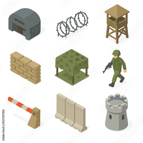 Military Base Icons. Isometric Flat icon set of military base fortifications: bunker, barbed wire, sandbag wall, observation post,