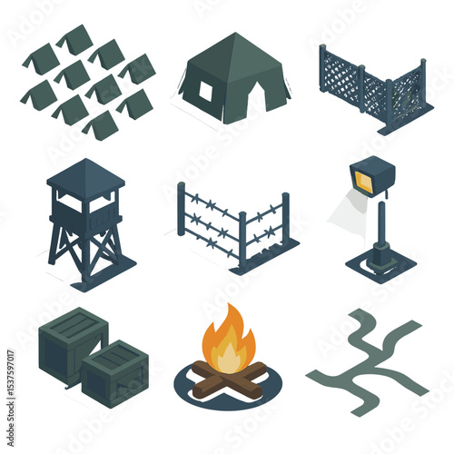 Military Camp Icons. Isometric Flat icon set of military camp layout at night: tent rows, command tent, perimeter fence,