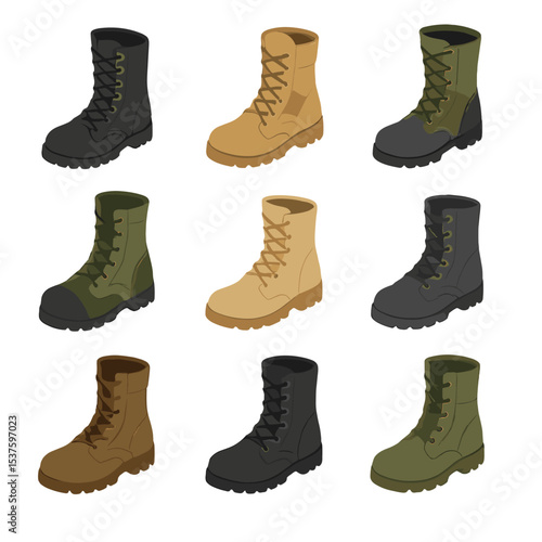 Military Boots Icons. Isometric Flat icon set of tactical and military boots: combat boot, tactical boot, paratrooper boot, jungle