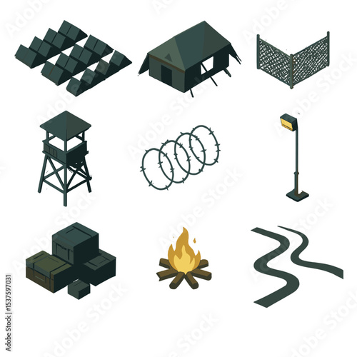 Military Camp Icons. Isometric Flat icon set of military camp layout at night: tent rows, command tent, perimeter fence,