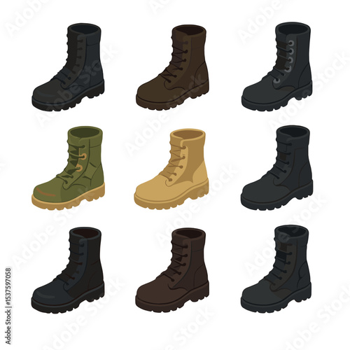 Military Boots Icons. Isometric Flat icon set of tactical and military boots: combat boot, tactical boot, paratrooper boot, jungle