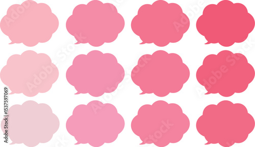 All the bubbles have a distinctive, rounded, cloud-like, or scalloped edge design. This vector image features twelve speech bubbles.