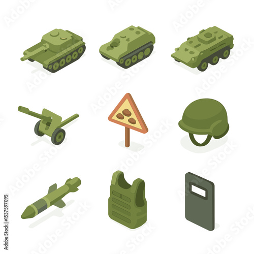 Military Equipment Icons. Isometric Flat icon set of land defense equipment: tank, armored personnel carrier, infantry fighting