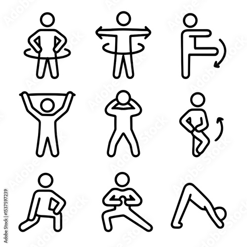 Mobility Drills Icons. Outline icon set of mobility drills: hip circles, arm circles, leg swings, shoulder dislocates, thoracic