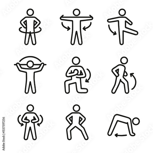 Mobility Drills Icons. Outline icon set of mobility drills: hip circles, arm circles, leg swings, shoulder dislocates, thoracic