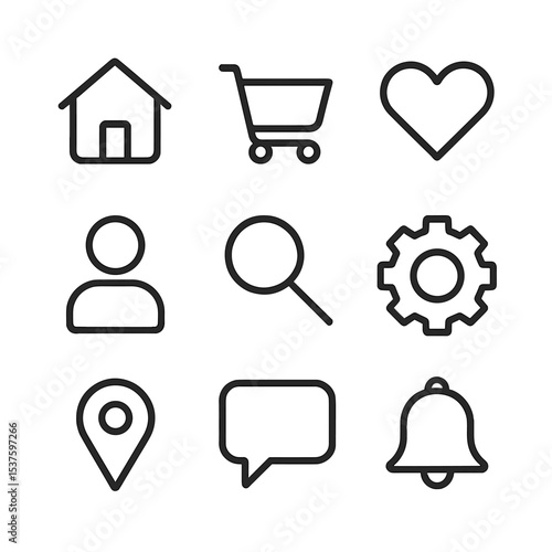 Minimal UI Icons. Outline icon set of flip-flop icons for UI: home button, shopping cart, wishlist heart, user profile, search