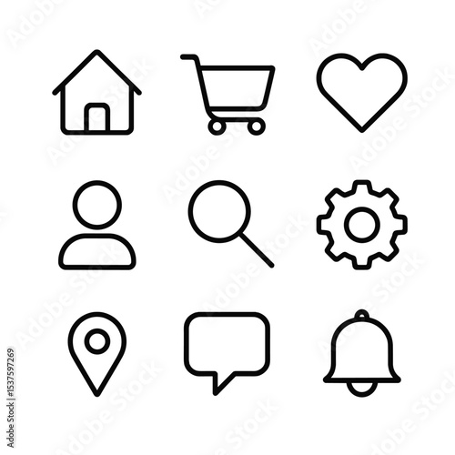 Minimal UI Icons. Outline icon set of flip-flop icons for UI: home button, shopping cart, wishlist heart, user profile, search