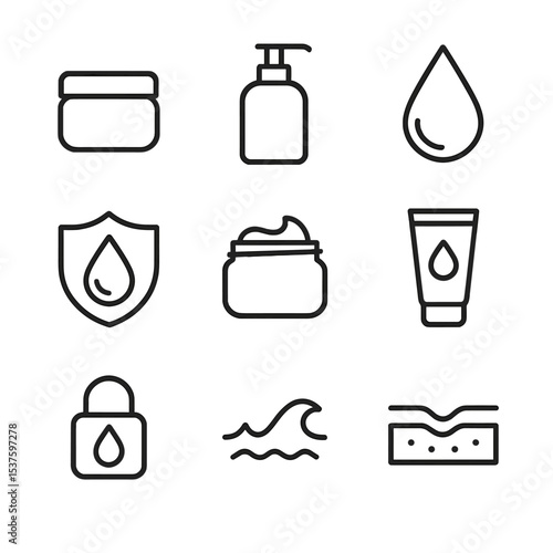 Moisturizer Icon Set. Outline icon set of moisturizing phase: moisturizer jar, pump bottle, hydration droplet, barrier shield, gel