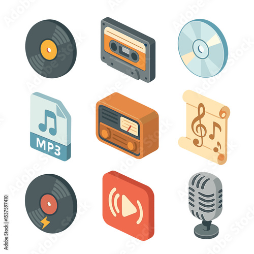 Music History Icons. Isometric Flat icon set of Music History and Eras: vinyl record, cassette tape, CD disc, MP3 file icon,