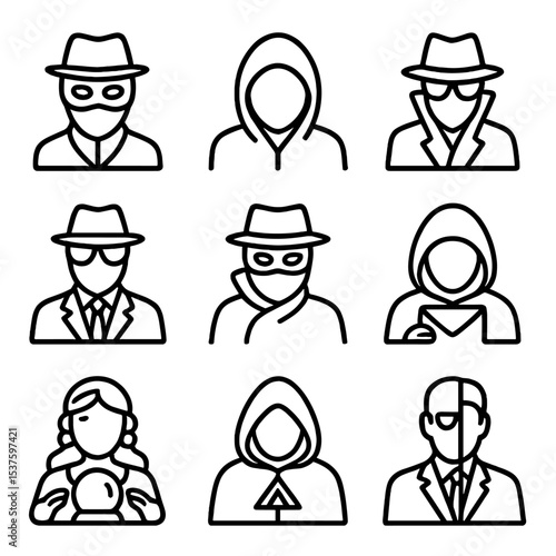 Mysterious Character Icons. Outline icon set of mysterious characters: masked stranger, hooded figure, spy silhouette, secret