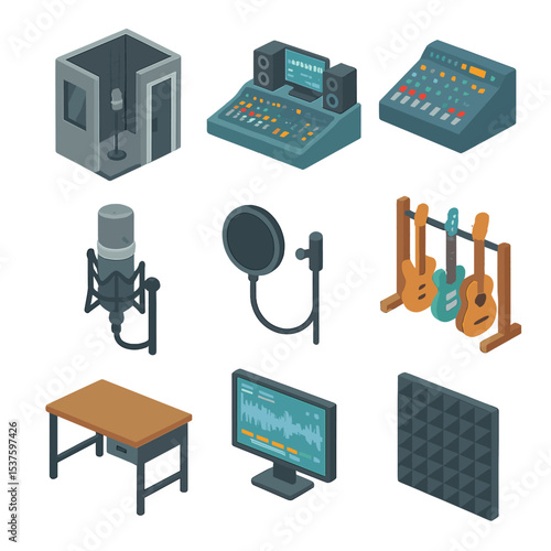 Music Studio Icons. Isometric Flat icon set of Music Recording Studio: vocal booth, recording console, soundboard, condenser