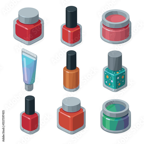 Nail Polish Icon Set. Isometric Flat icon set of nail polish finishes: matte polish jar, glossy polish bottle, shimmer polish pot,