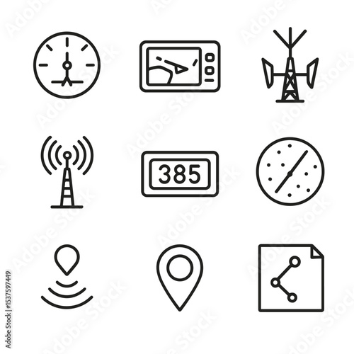 Navigation Aids Icons. Outline icon set of navigation aids: VOR, GPS unit, ILS glideslope, NDB, DME display, ATC radar screen,