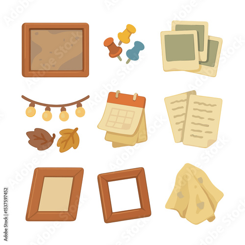 Neglected Memories Icons. Isometric Flat icon set of neglected wall of memories: dusty pinboard, thumbtacks, faded photos, string