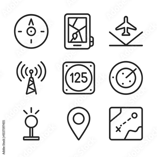 Navigation Aids Icons. Outline icon set of navigation aids: VOR, GPS unit, ILS glideslope, NDB, DME display, ATC radar screen,