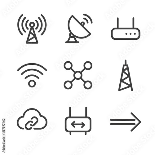 Network Expansion Icons. Outline icon set of network expansion: Wi-Fi tower, satellite dish, mesh router, signal waves, connected