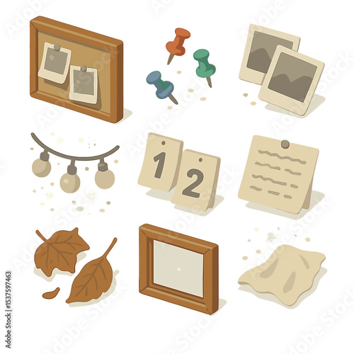 Neglected Memories Icons. Isometric Flat icon set of neglected wall of memories: dusty pinboard, thumbtacks, faded photos, string