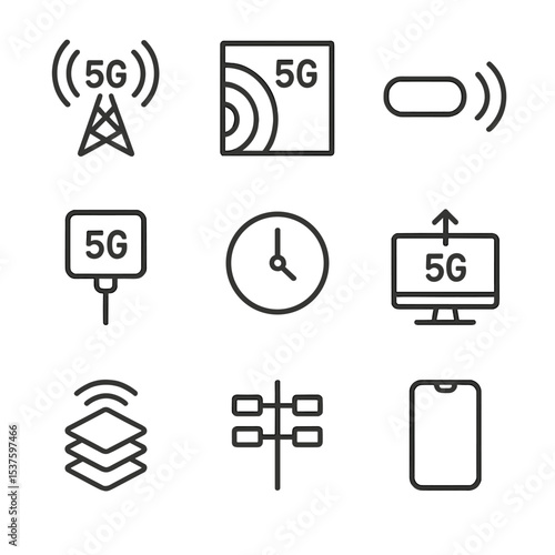 5G Network Icons. Outline icon set of 5G networks: cell tower, millimeter wave, beamforming, small cell, ultra low latency, high