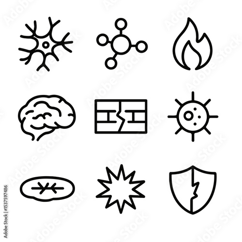 Neuroinflammation Icon Set. Outline icon set of neuroinflammation: microglia cell, cytokine molecule, flame, swelling brain,