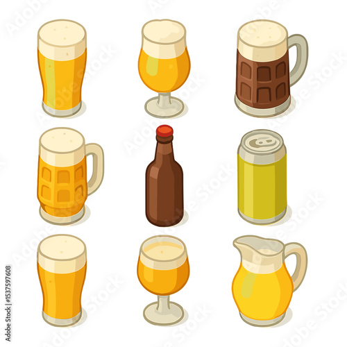 Oktoberfest Beer Icons. Isometric Flat icon set of Oktoberfest beer varieties: lager glass, weissbier tulip, dunkel stein, märzen