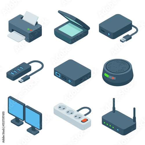 Office Hardware Icons. Isometric Flat icon set of office productivity hardware: printer, scanner, external hard drive, USB hub,