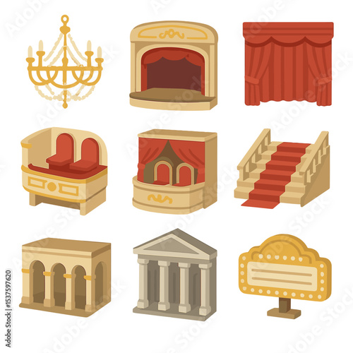 Opera House Icon Set. Isometric Flat icon set of opera house architecture: grand chandelier, proscenium arch, velvet curtain,