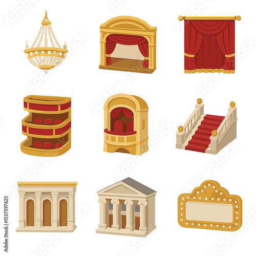 Opera House Icon Set. Isometric Flat icon set of opera house architecture: grand chandelier, proscenium arch, velvet curtain,