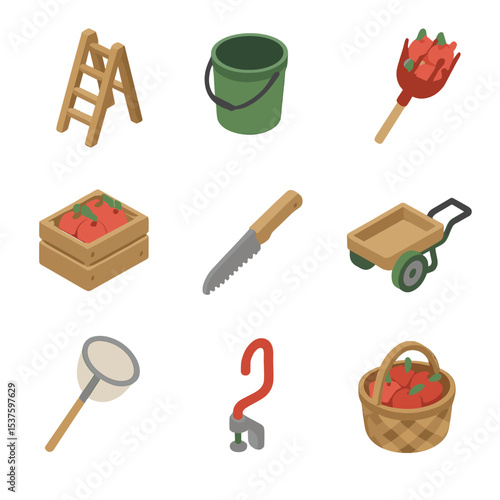 Orchard Harvest Icons. Isometric Flat icon set of orchard picking: ladder, picking bucket, apple picker tool, fruit crate, pruning