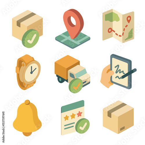 Order Tracking Icons. Isometric Flat icon set of order tracking: order confirmation, GPS pin, map route, estimated time, delivery