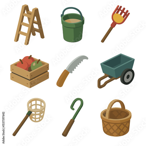 Orchard Harvest Icons. Isometric Flat icon set of orchard picking: ladder, picking bucket, apple picker tool, fruit crate, pruning