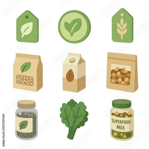 Organic Food Icon Set. Isometric Flat icon set of organic and health food sales: organic label, vegan badge, gluten-free tag,