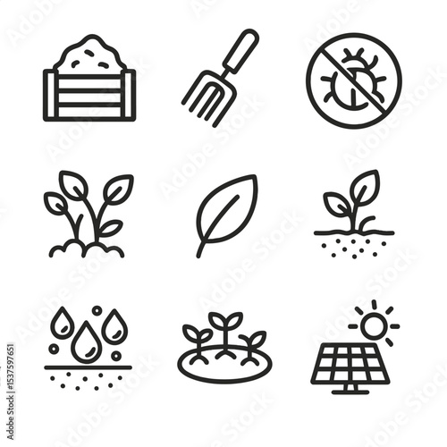 Organic Farming Icons. Outline icon set of organic farming: compost heap, hand fork, pesticide-free label, companion planting,