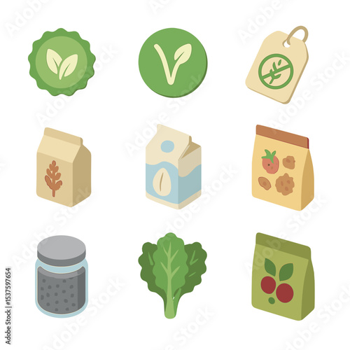 Organic Food Icon Set. Isometric Flat icon set of organic and health food sales: organic label, vegan badge, gluten-free tag,