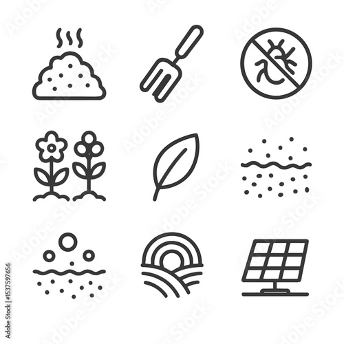Organic Farming Icons. Outline icon set of organic farming: compost heap, hand fork, pesticide-free label, companion planting,