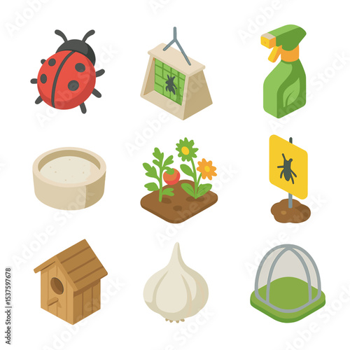 Organic Pest Control Icons. Isometric Flat icon set of organic pest control: ladybug, insect trap, neem spray bottle, diatomaceous