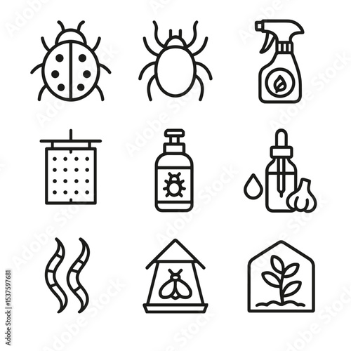 Organic Pest Control Icons. Outline icon set of organic pest control methods in greenhouse: ladybug beetle, predatory mite, neem