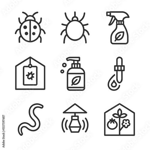 Organic Pest Control Icons. Outline icon set of organic pest control methods in greenhouse: ladybug beetle, predatory mite, neem