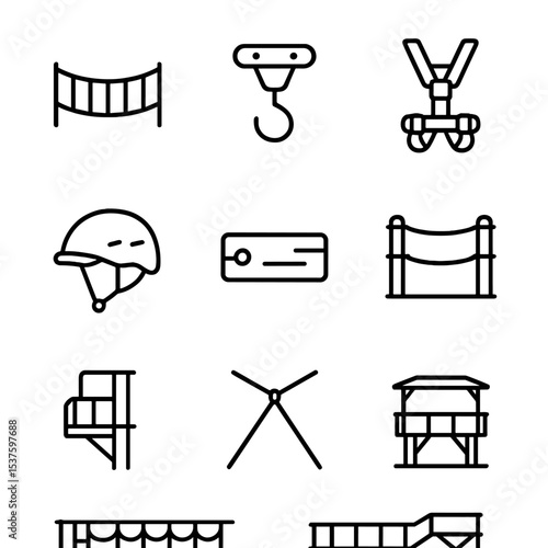 Outdoor Adventure and Vegan Icons. Outline icon set of canopy walkway and zipline: suspension bridge, zipline pulley, safety