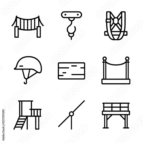 Outdoor Adventure and Vegan Icons. Outline icon set of canopy walkway and zipline: suspension bridge, zipline pulley, safety