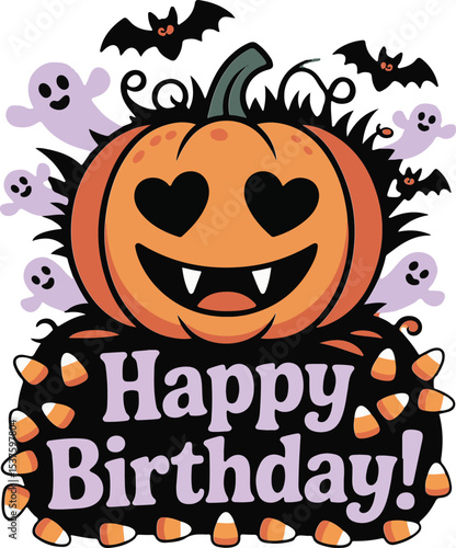 Festive happy birthday design featuring a halloween pumpkin ghosts and bats elements