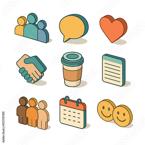 Peer Support Icons. Isometric Flat icon set of peer support groups: group silhouette, speech bubble, heart symbol, linked hands,