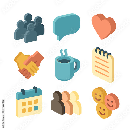 Peer Support Icons. Isometric Flat icon set of peer support groups: group silhouette, speech bubble, heart symbol, linked hands,