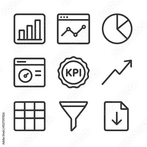 Performance Analytics Icons. Outline icon set of ad performance analytics: bar chart widget, line graph display, pie chart dial,