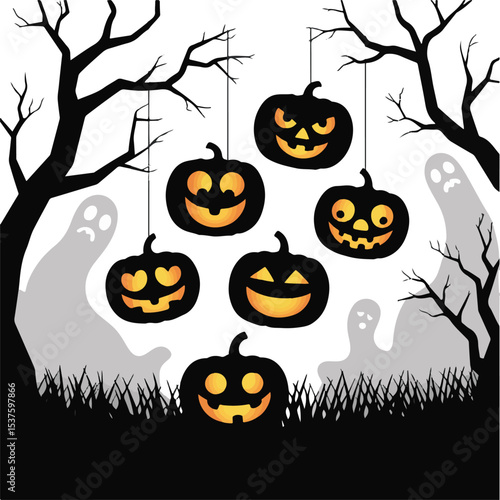 Spooky halloween night scene featuring jack o lanterns ghosts and black trees in vector illustration