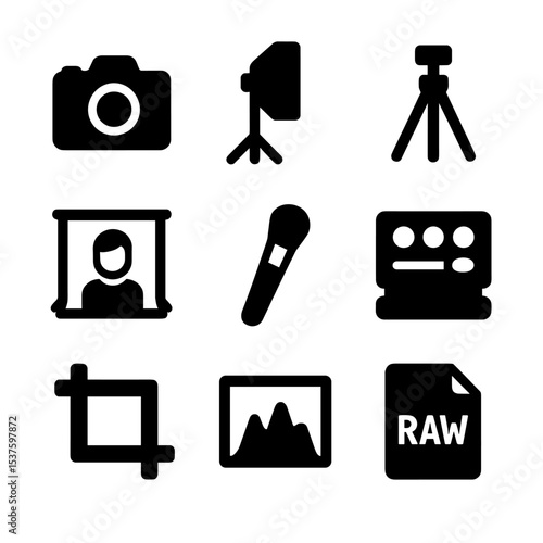 Photography Icon Set. Solid, Filled icon set of professional photo portrait: camera, lighting softbox, tripod, backdrop, retouch