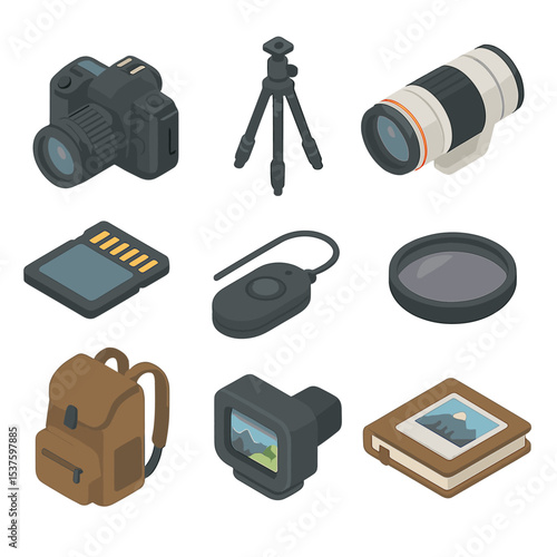 Photography Gear Icons. Isometric Flat icon set of photography hike: DSLR camera, tripod, telephoto lens, camera bag, memory card,