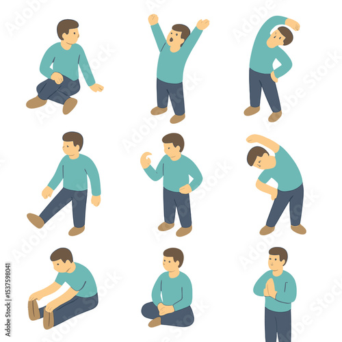 Post-Nap Stretch Icons. Isometric Flat icon set of post-nap reactivation stretches: gentle twist, full-body yawn pose, arm reach