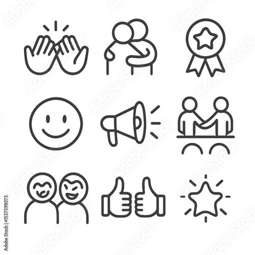 Positive Interaction Icons. Outline icon set of reinforcing positive interaction: high-five hands, supportive hug, praise ribbon,