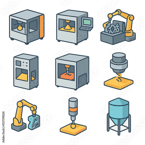 3D Printing Icon Set. Isometric Flat icon set of additive manufacturing and 3D printing automation: industrial 3D printer, powder